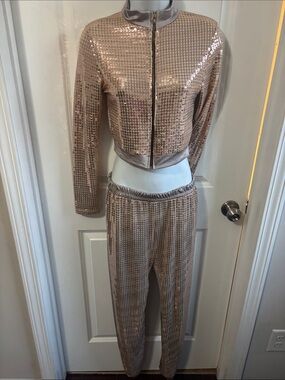 Upscale Sequin Crop Jacket & Jogger Set - Rose Gold